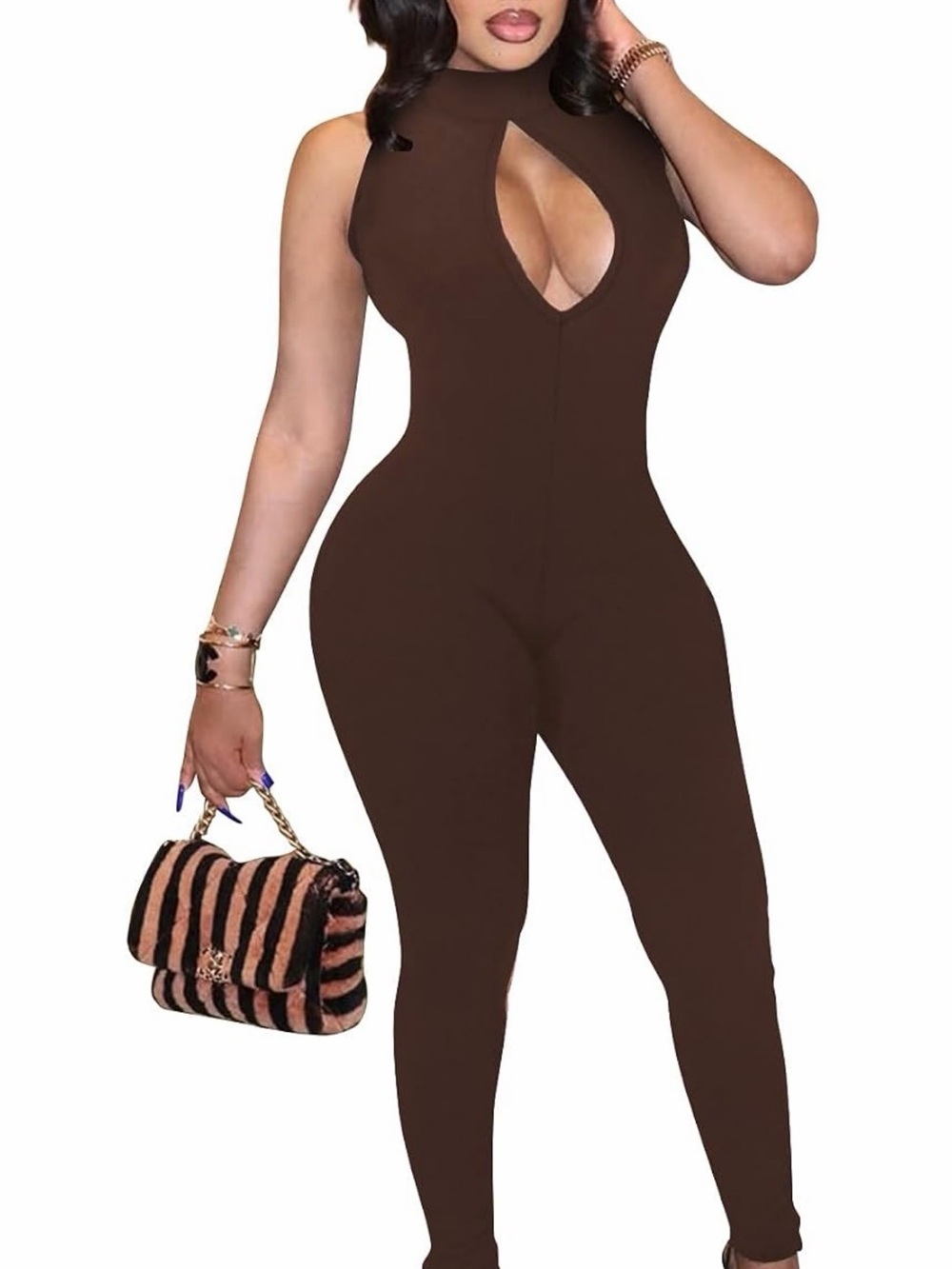 Women's Brown Sleeveless Keyhole Jumpsuit by